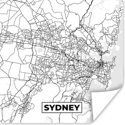 Poster Kaart - Sydney - Stadskaart - Plattegrond - Zwart Wit - 100x100 cm XXL