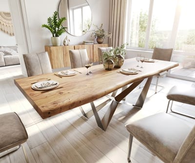 Eetkamertafel Edge acacia natuur 260x100 XL Spider staal roestvrij staal Live-Edge