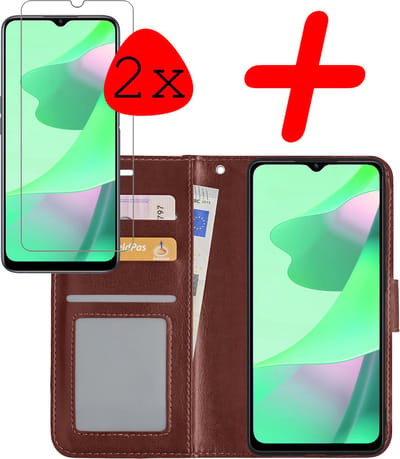 Hoesje Met 2x Screenprotector - Geschikt voor OPPO A16s - Luxe Pasjeshouder - Bookcase Portemonee - Flip Case - Kunstleer Book Case - Flipcase Hoes - Book Cover - Walletcase - Portemonneehoes - Bruin