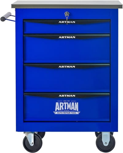 Gereedschapswagen - 4 Lades Multifunctioneel Werkplaats Trolley met Wielen en RVS Bovenblad - Staal - Zwart Blauw