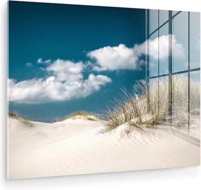 MuchoWow® Glasschilderij 160x120 cm - Schilderij acrylglas - Strand - Duinen - Gras - Foto op glas - Muurdecoratie woonkamer - Wanddecoratie slaapkamer - Schilderijen