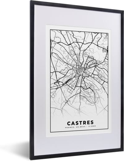 Fotolijst incl. Poster Zwart Wit- Frankrijk - Kaart - Castres - Plattegrond - Stadskaart - Zwart wit - 40x60 cm - Posterlijst