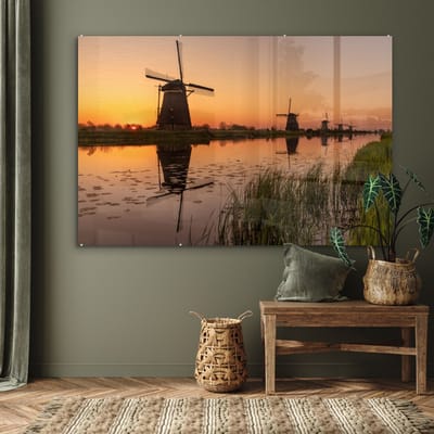 ® Glasschilderij 180x120 cm - Schilderij acrylglas - Molen - Horizon - Holland - Foto op glas - Muurdecoratie woonkamer - Wanddecoratie slaapkamer - Schilderijen