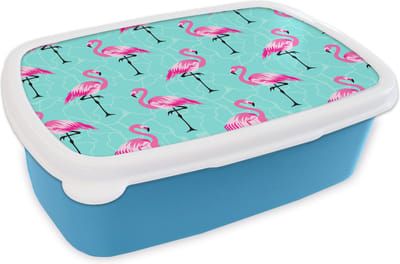 Broodtrommel Blauw - Lunchbox - Brooddoos - Flamingo - Roze - Patroon - 18x12x6 cm - Kinderen - Jongen