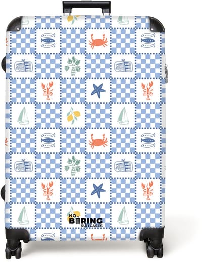 NoBoringSuitcases.com® - Koffer groot - Reiskoffer lichtgewicht - Vierkant zomer print blauw - Rolkoffer met 4 wielen - Grote trolley XL - 98 liter bagage