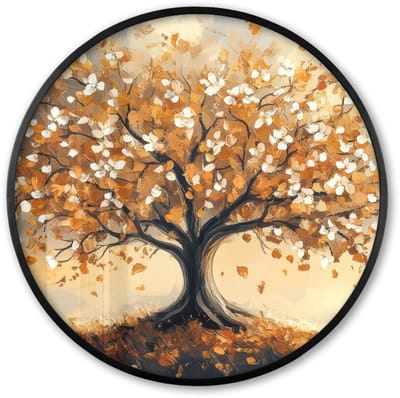 Poster in lijst Rond - Fotolijst 60x60 cm - Posters - Herfst - Boom - Oranje - Bladeren - Levensboom - Abstract - Ronde posterlijst zwart - Decoratie - Wanddecoratie woonkamer - Muurdecoratie slaapkamer