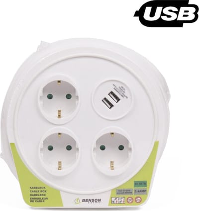 Benson Kabelhaspel/kabelbox - 10 meter - 3-voudig - stopcontacten geaard - USB - 2300 Watt/230v