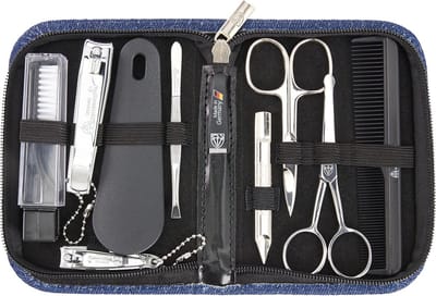 10-delige nagelverzorgingsset met stoffen etui in denim blauw - Monza