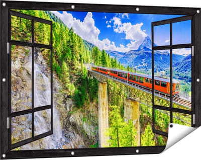Gards Tuinposter Doorkijk Trein op een Brug bij een Waterval in Zwitserland - 120x80 cm - Tuindoek - Tuindecoratie - Wanddecoratie buiten - Tuinschilderij