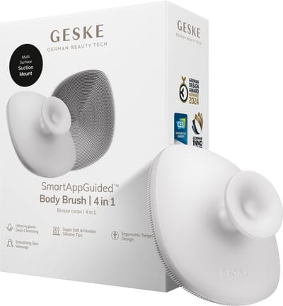 GESKE Body Brush | 4 in 1 | Reinigingsborstel voor het hele lichaam | Dieptereiniging | Zachte siliconen borstelharen | Ergonomisch ontwerp met twee vingers | Reinigingen en massages