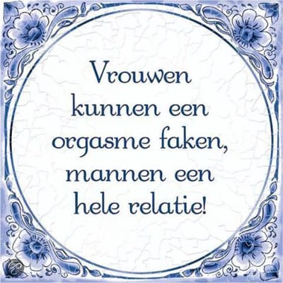 Benza - Delfts Blauwe Spreukentegel - Vrouwen kunnen een orgasme faken, mannen een hele relatie!