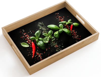 Dienblad hout 40x30 cm - Schootdienblad - Chilipepers - Basilicum - Blaadjes - Rood - Borrelplank rechthoek - Plateau dienbladen