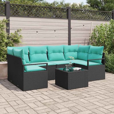 vidaXL Bankstel 7 st 6-Aantal zitplaatsen Zwart en Blauw poly rattan