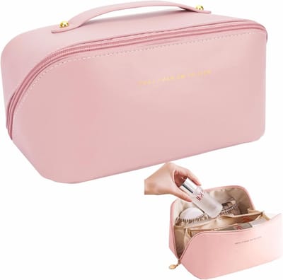 Grote Dames Reis- en Waszak, Draagbare Cosmetica Organizer van Leer voor Cosmetica, Accessoires en Toiletartikelen, Elegante en Simpele Ontwerp in Off White/Pink