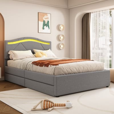 MODFU Bedframe 90x200 cm – Linnen grijs – Met LED, verstelbaar hoofdbord & 2 laden