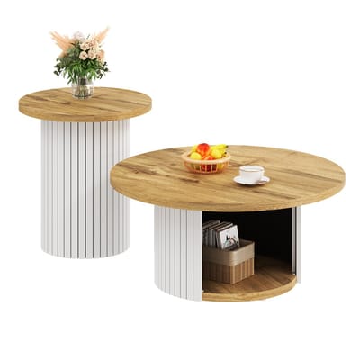 Salontafel - Set van 2 - Rond en Houten Latten - Dubbele Ronde Tafel - Hout - Naturel
