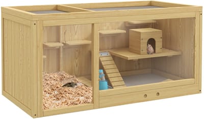 Hamsterkooi - Cavia kooi - Rattenkooi - Huisje - 2 Niveaus - Verwijderbare Lade - Met Voederstation - Zaag - Loopplank - Hutten - Hangbrug - Hout - 100L x 50B x 50H cm - Natuurlijk