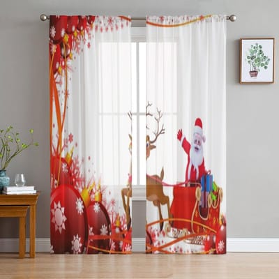Kerstgordijnen Kerstman en Slee op Rode Achtergrond Tule Gordijnen voor Woonkamer Slaapkamer Chiffon Transparant Voile Keukengordijn 135W x 114H(cm) white