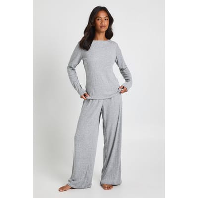 boohoo Dames Petite Pointelle lange mouwen top en pyjamaset met wijde pijpen | Grey Marl | Maat: 6