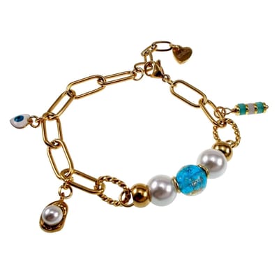17cm tot 20cm Armband Dames - Verguld RVS - Paperclipschakel Armband met Schelpparels en Blauwe Murano-Glaskralen - Verstelbaar