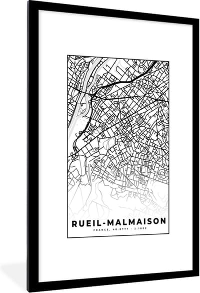 Fotolijst incl. Poster Zwart Wit- Frankrijk - Kaart - Plattegrond - Stadskaart - Rueil-Malmaison - Zwart wit - 80x120 cm - Posterlijst