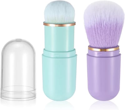 Verstelbare Kabuki Make-upkwasten, 2-delige Reis Make-upkwasten Set voor Blush, Poeder en Foundation, Ideaal voor Vloeibare en Geperste Poeders (Groen + Paars)