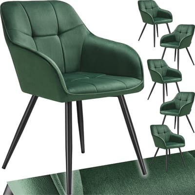 tectake® Eetkamerstoelen Marilyn - Set van 6 - Gestoffeerde Stoel in Fluweellook - Stikpatroon - Zwarte Stoelpoten - Ergonomische Keukenstoel - Doorlopende Rugleuning en Armleuningen - Stoel voor Woonkamer, Eetkamer, Slaapkamer - Donkergroen