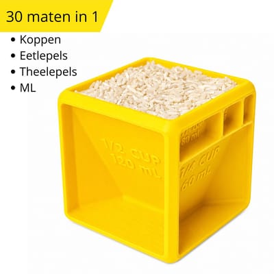 Alles-In-1 Maatbeker Kubus - Multifunctionele Measuring Cube - Keukenhulp Voor Koken En Bakken - Maatlepels En Maatbekers In Één - 30+ Maataanduidingen - Compact En Ruimtebesparend - Vaatwasserbestendig - BPA Vrij - 8,9 cm - Geel