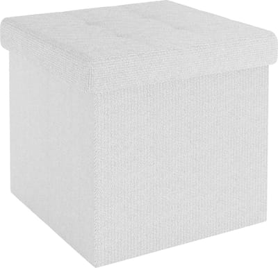 Intirilife Opvouwbaar krukje 38x38x38 cm in SNOW WHITE - Zitkubus met opbergruimte en deksel van stof met holtes - Zitkubus voetensteun opbergkist zitkrukje