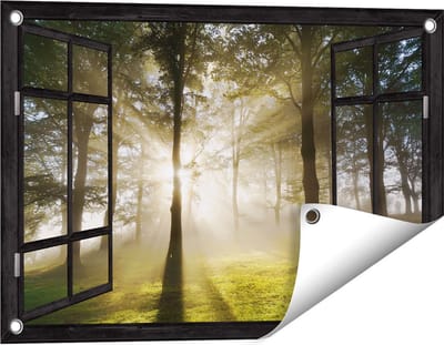 Gards Tuinposter Doorkijk Zon tussen de Bomen - 60x40 cm - Tuindoek - Tuindecoratie - Wanddecoratie buiten - Tuinschilderij