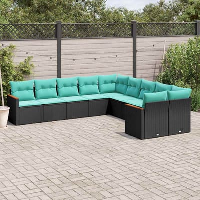 vidaXL - 10-delige - tuinbankset - met - kussens - van - zwart - polyrotan