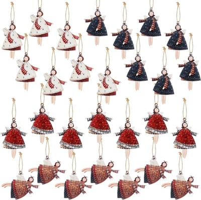Kleine Engel Hanger Kerstdecoratie: 28 Stuks Kerstboomversiering met Sleutelhanger, 4 Stijlen, Geluksbrenger voor Oudejaarsavond, Houten Kerstdecoraties en Cadeaus voor de Feestdagen