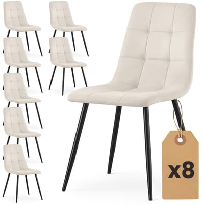 Set van 8 Eetkamerstoelen NERO / Gestoffeerde Stoelen / Fluwelen Stoelen en Metalen Poten / Beige met zwarte benen