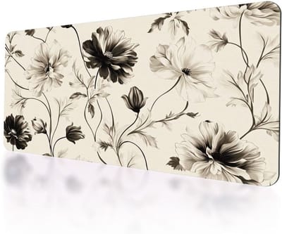 Handgetekende bureau-onderlegger met antislip basis, zwart met witte bloemen, grote muismat voor gaming en kantoor, 38 x 78 cm