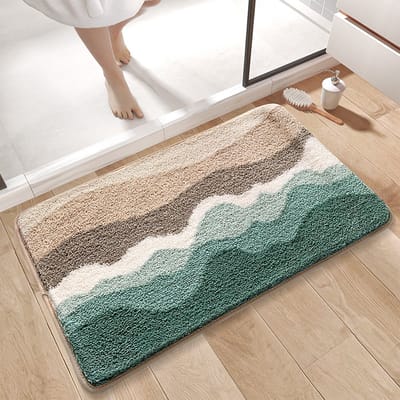 Badkamermat met strandthema, antislip, ultrazacht, wasbaar, absorberend en sneldrogend, met een patroon van zeesterren en schelpen, geschikt voor douchevloeren en keukendecoratie.