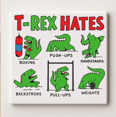 T-Rex Haat Sport Grappige Tegel – 15x15cm Dino Fitness Humor Muurdecoratie Cadeau voor Sportliefhebbers & Kinderkamer