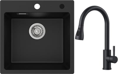 CECIPA Max Spoelbak Met Kraangat Antraciet - Granieten Spoelbak Keuken Met Keukenkraan met Uittrekbare Uitloop - 45x45cm Graniet Spoelbak Onderbouw Spoelbak - 80% kwartszand en 20% hars
