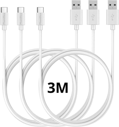 3x USB C naar USB A Kabel Wit - 3 meter - Oplaadkabel voor Xiaomi REDMI A5 4G / REDMI A3 / REDMI 15C 4G / REDMI 15 / REDMI 14C / REDMI 13C / REDMI 13 / REDMI 12C / REDMI 12 / REDMI 11A
