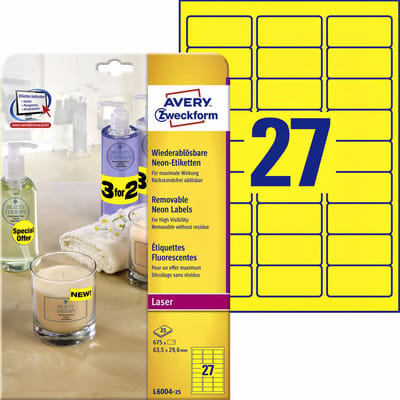 Etiket avery l6004-25 63.5x29.6 neon geel 675st | 5 stuks