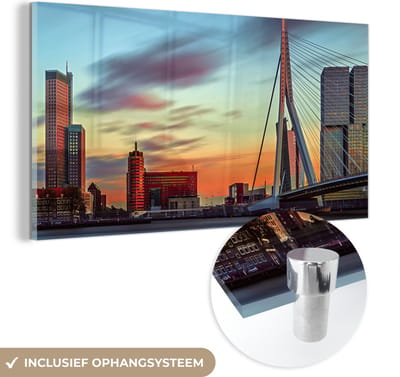 MuchoWow® Glasschilderij 40x20 cm - Schilderij acrylglas - Rotterdam - Erasmus - Zonsondergang - Foto op glas - Schilderijen
