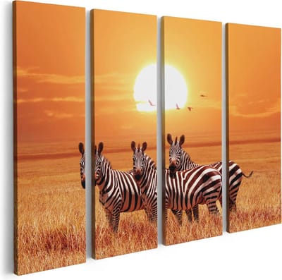 Artaza Canvas Schilderij Vierluik Drie Zebra's Bij Zonsondergang - 80x60 - Foto Op Canvas - Canvas Print