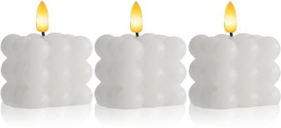 Meisterhome Bubble LED Kaarsen Set van 3 - Wit – Wax Kaarsen met Timer – 7.5x7.5 cm – Warm Wit Flikkerend Licht – Veilig & Sfeervol