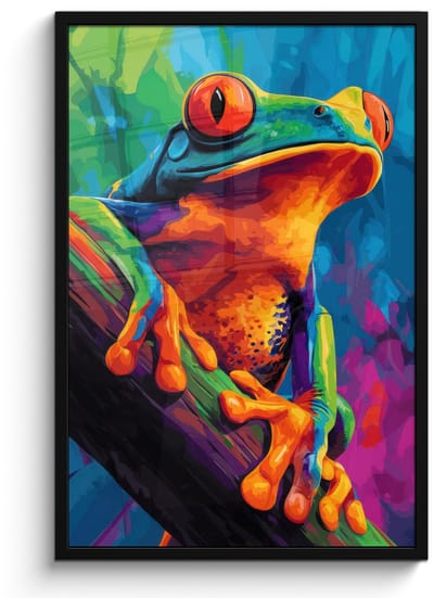 Poster in lijst - Fotolijst 60x90 cm - Posters - Kikker - Felgekleurd - Tak - Regenboog - Posterlijst zwart - Decoratie - Wanddecoratie woonkamer - Muurdecoratie slaapkamer