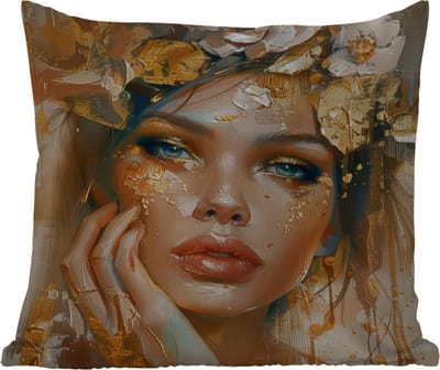 Tuinkussen - Vrouw - Bloemen - Goud - Portret - 40x40 cm - Weerbestendig