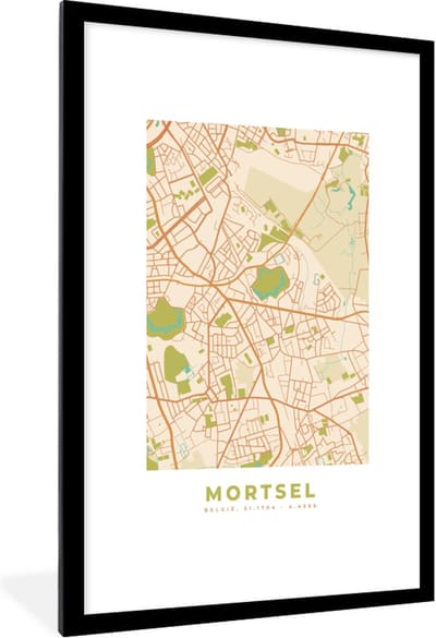 Fotolijst incl. Poster - Vintage - Retro - Plattegrond - Kaart - Stadskaart - Mortsel - 80x120 cm - Posterlijst