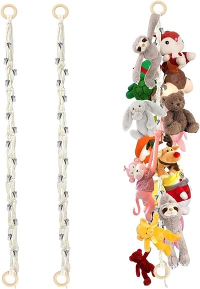 Cuddly Toy Hooks met 2 Houten Ringen en 40 Clips voor Pluche Dieren, 2 Meter Opslagoplossing voor Speelgoed