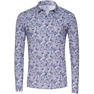 Desoto Overhemd Allover Bold Fantasy Leaves Flowers Pattern Beige-Blauw / male