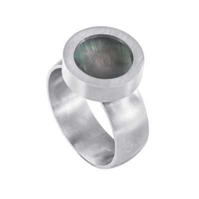 Quiges RVS Schroefsysteem Ring Zilverkleurig Mat 16mm met Verwisselbare Parelmoer Grijs Schelp 12mm Mini Munt