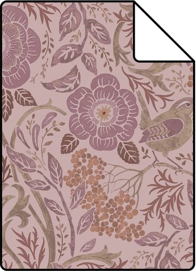 Proefstaal ESTAhome behang bloemen en vogels oudroze en lila paars - 26.5 x 21 cm - 131209-S