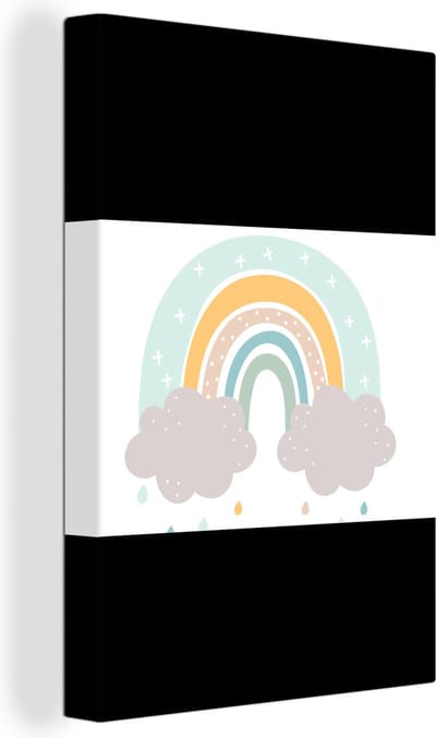 Canvas schilderij kinderen - Kinderkamer decoratie - Regenboog - Pastel - Kinderen - Wolken - Slaapkamer decoratie - Canvas doek kids - 150x100 cm